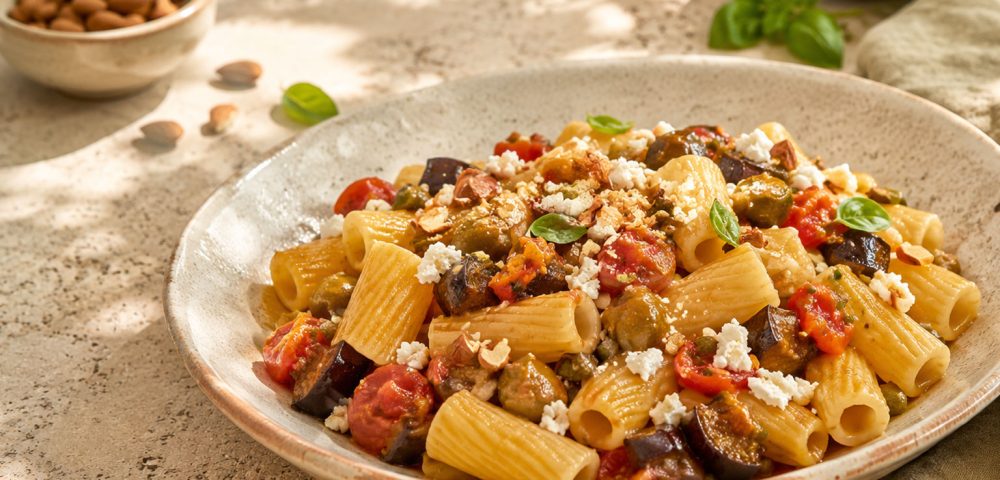 Rigatoni n.54 con caponata e ricotta salata